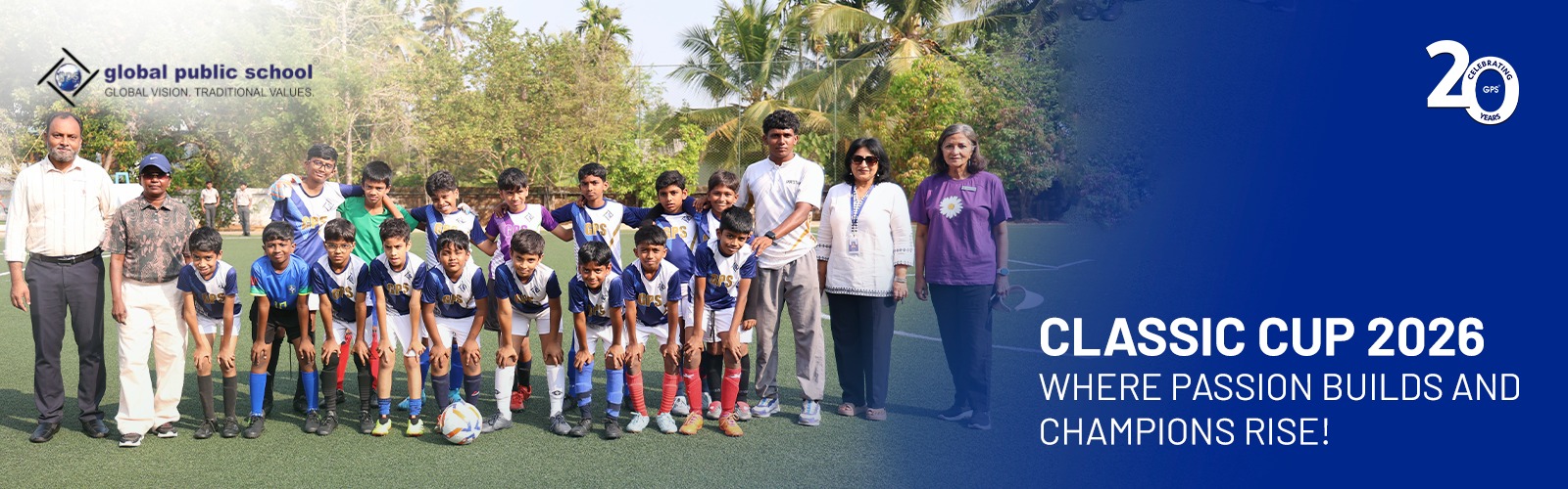 Students participating in the Classic Cup 2026 football tournament at Global Public School
