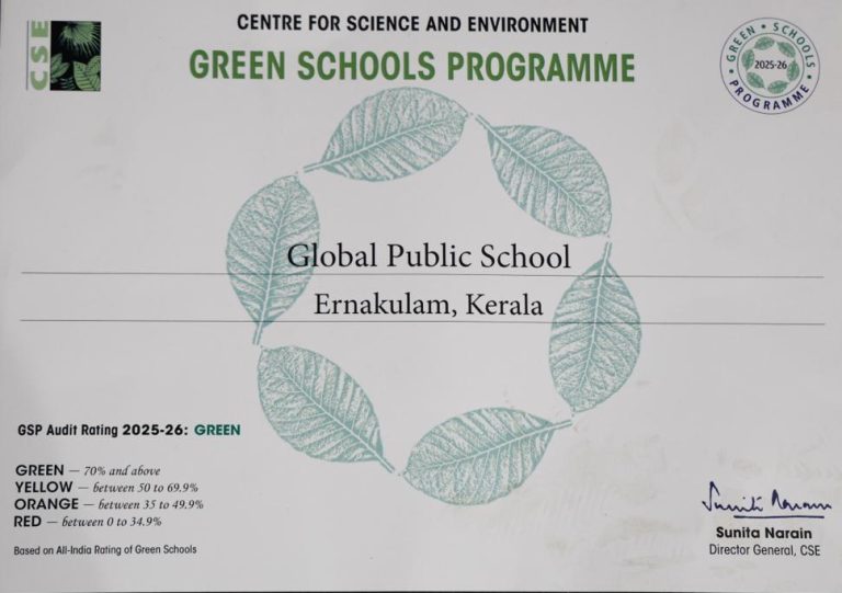 Green Schools Programme certificate awarded to Global Public School Ernakulam Kerala for 2025–26 with green audit rating